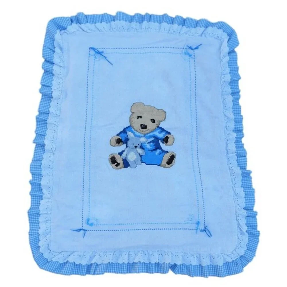 Vintage Homemade Cross Stitch Baby Crib Blanket Ruffle Lace Border Teddy Bear